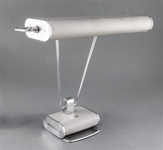 An Eileen Gray chromed metal and grey phenolic desk lamp, width 17.5in. height 15in.